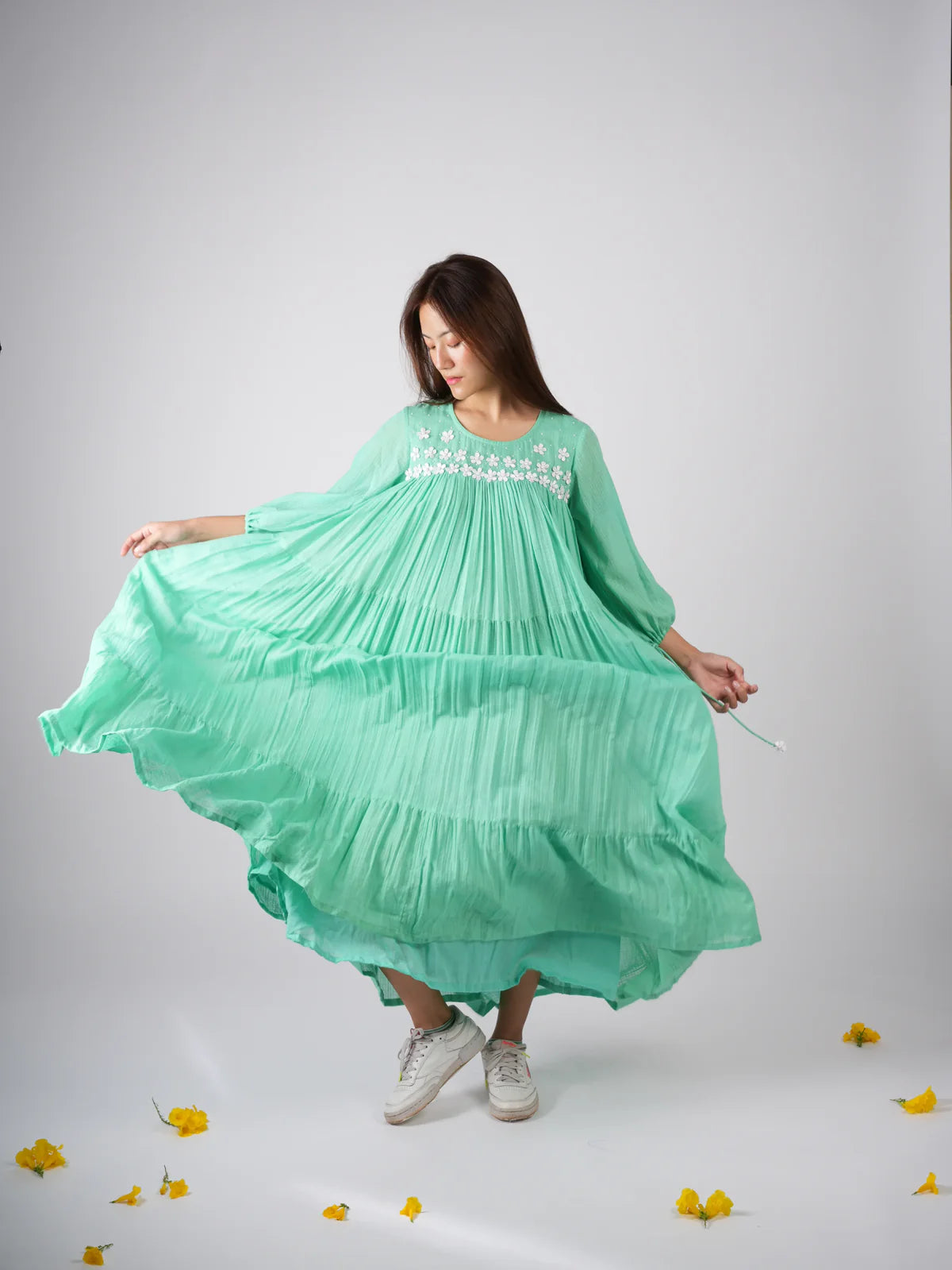 Mint green Kota Doria dress for women — Vanshitaaz