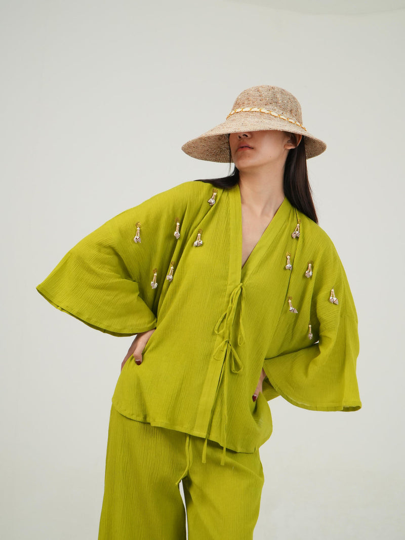 Lime green cotton co-ord set for resort wear — Vanshitaaz