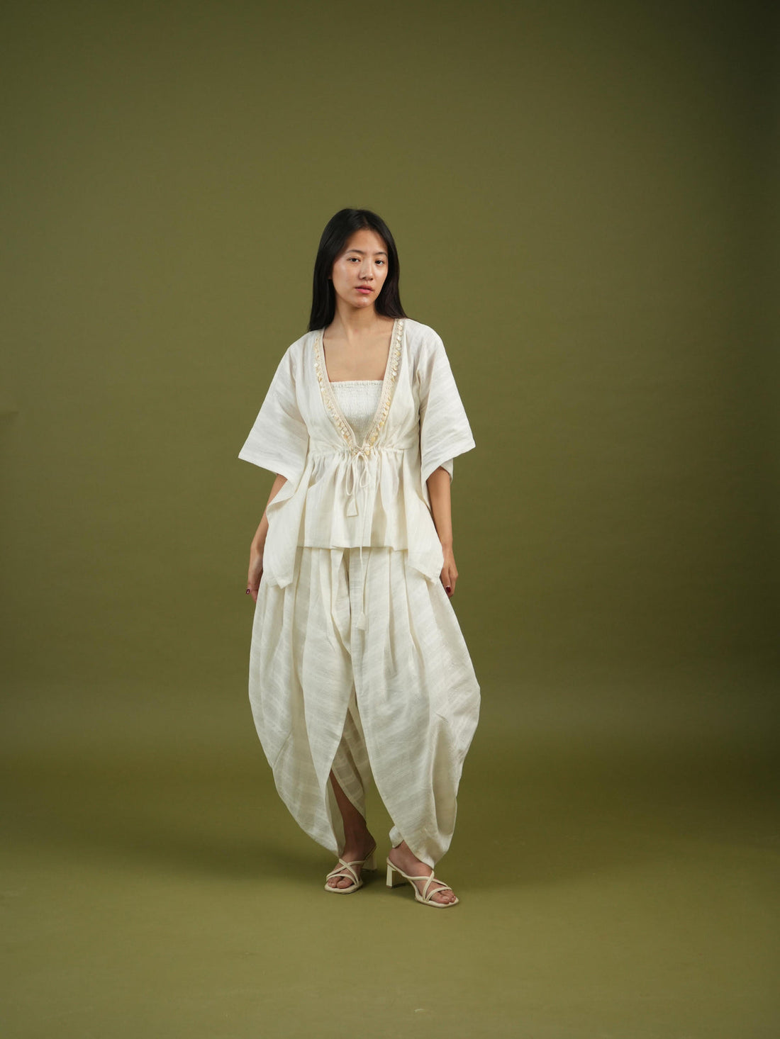 Ivory festive drape co-ord set for women — Vanshitaaz