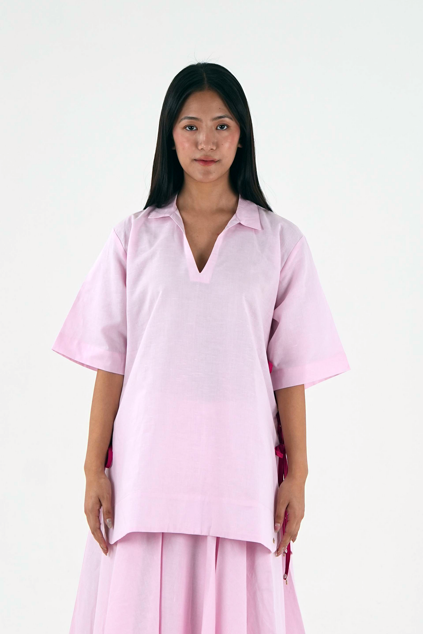 V Neck Set - Pastel Pink Linen