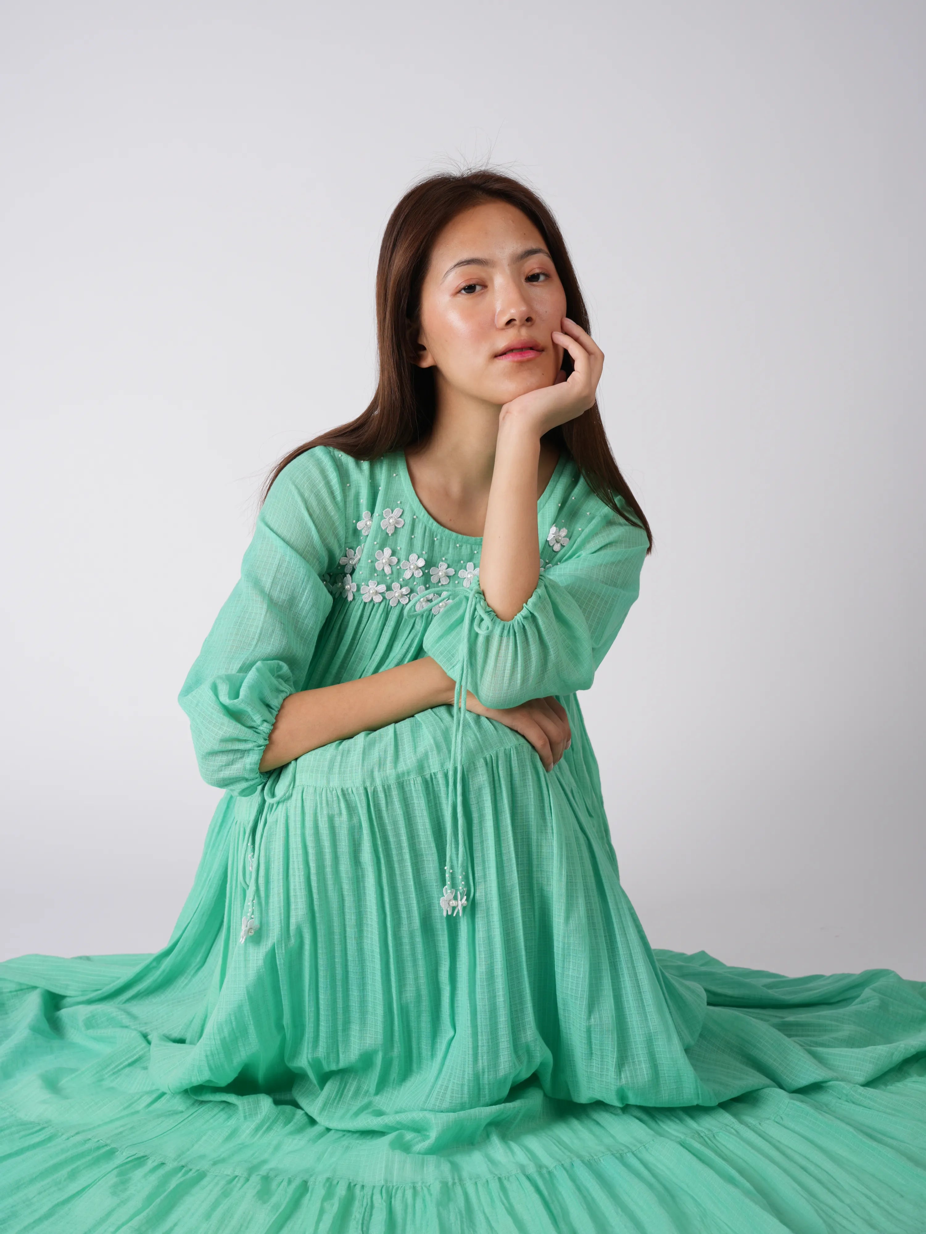 Embroidered Mint Green Dress with scrunchies