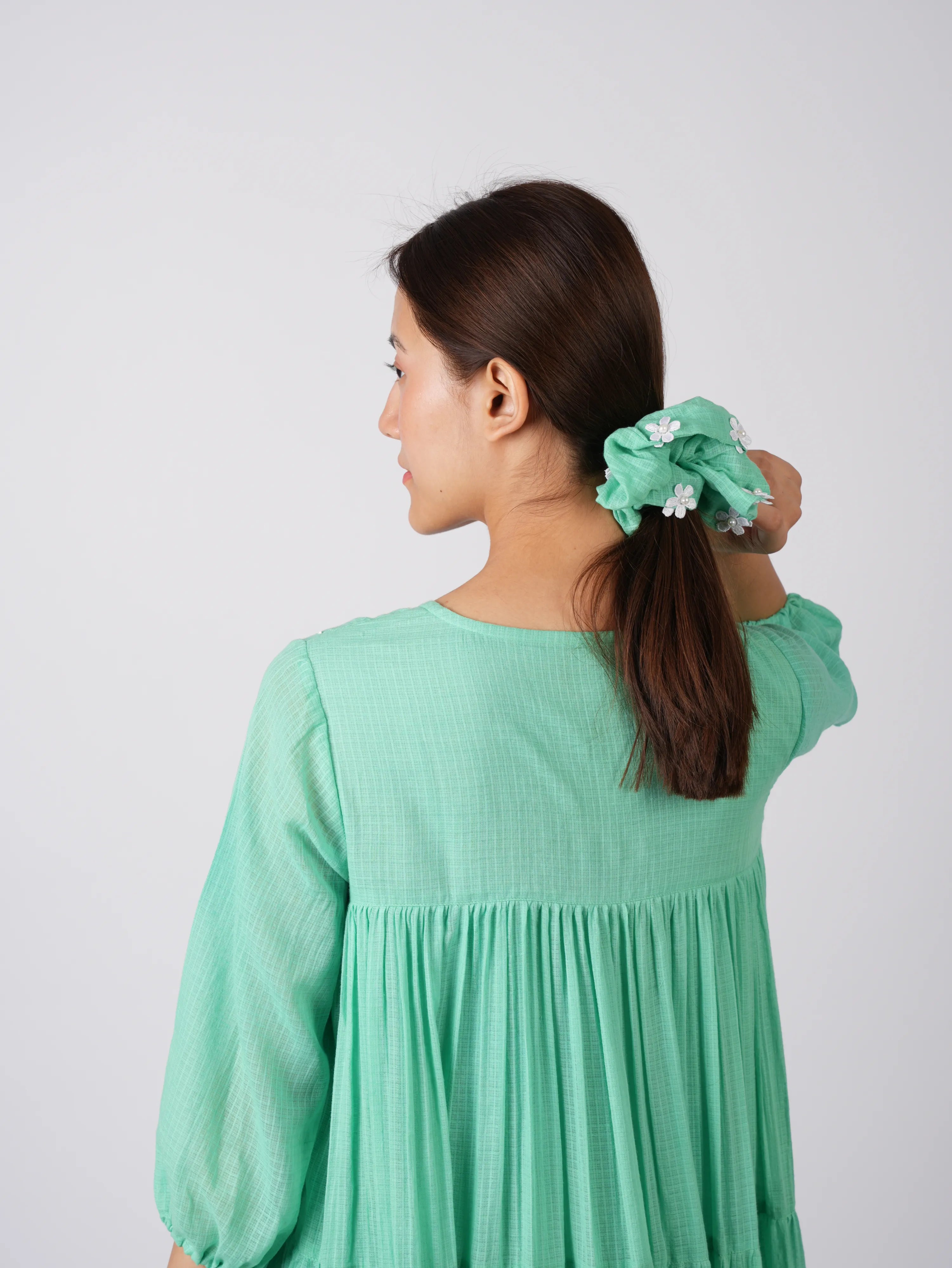 Embroidered Mint Green Dress with scrunchies