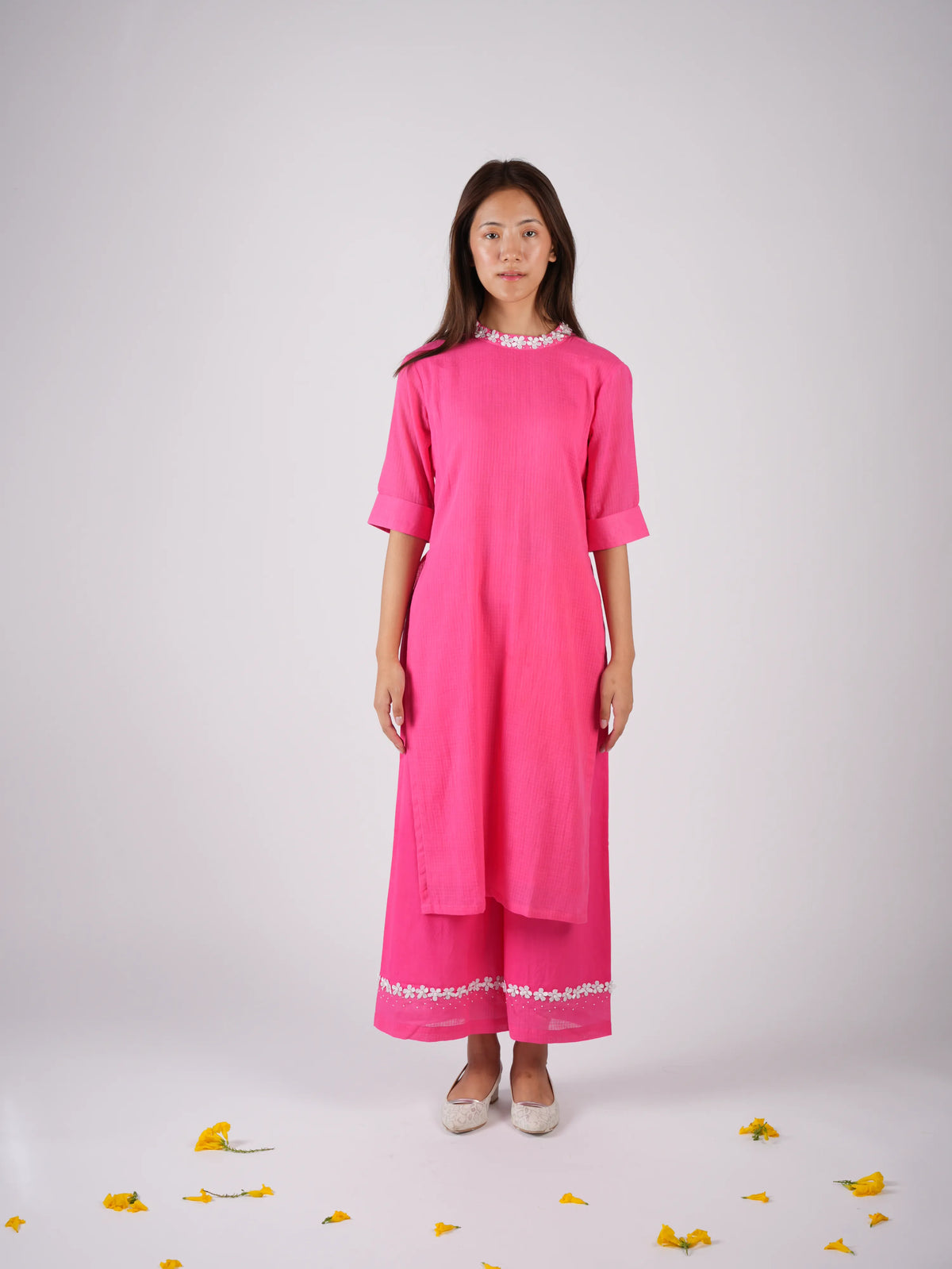 Embroidered Punch Pink kurta-pant with Scrunchies