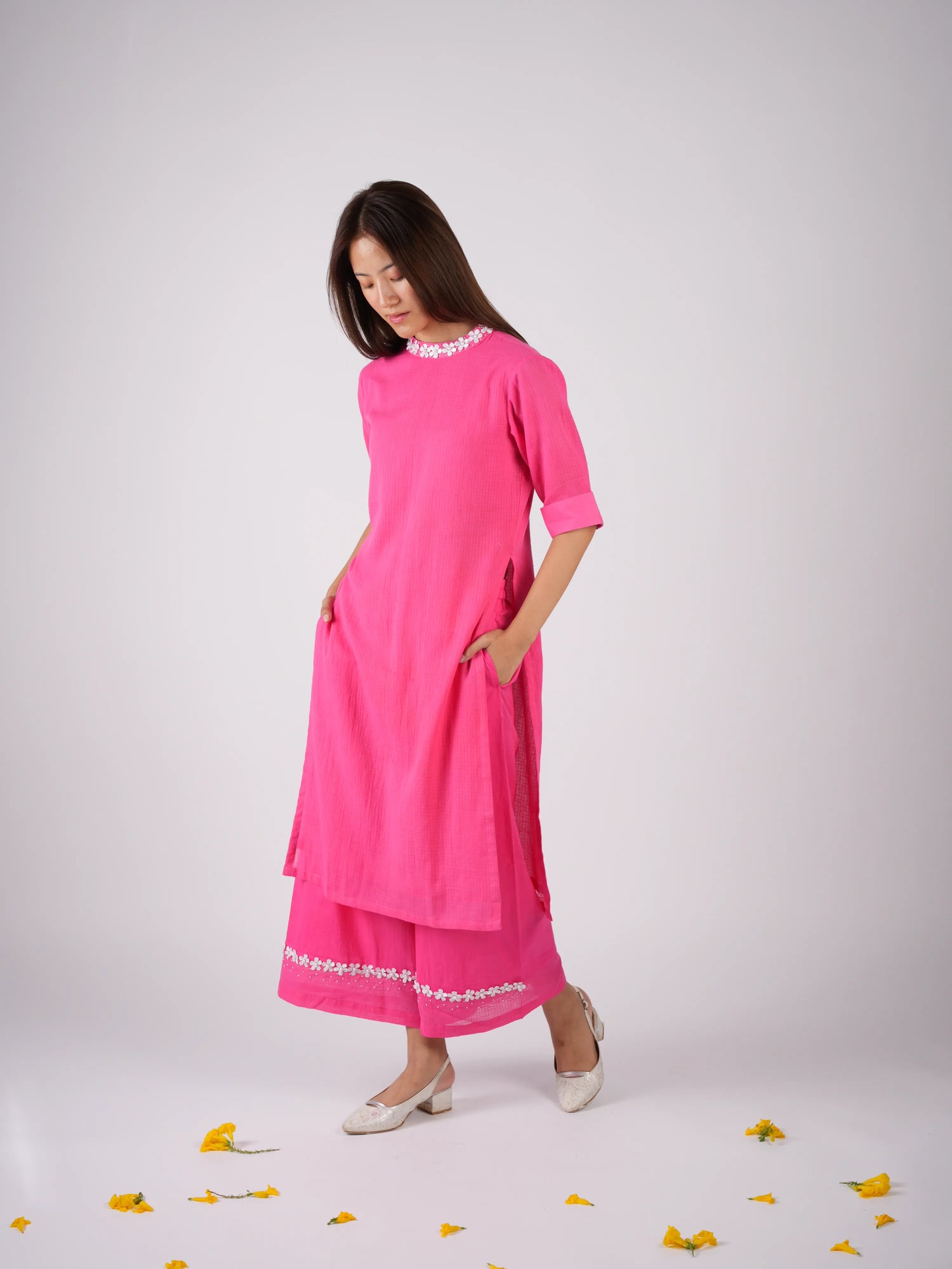 Embroidered Punch Pink kurta-pant with Scrunchies
