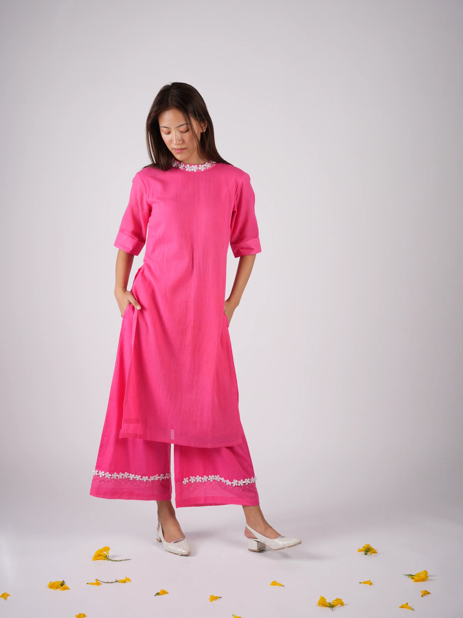 Embroidered Punch Pink kurta-pant with Scrunchies