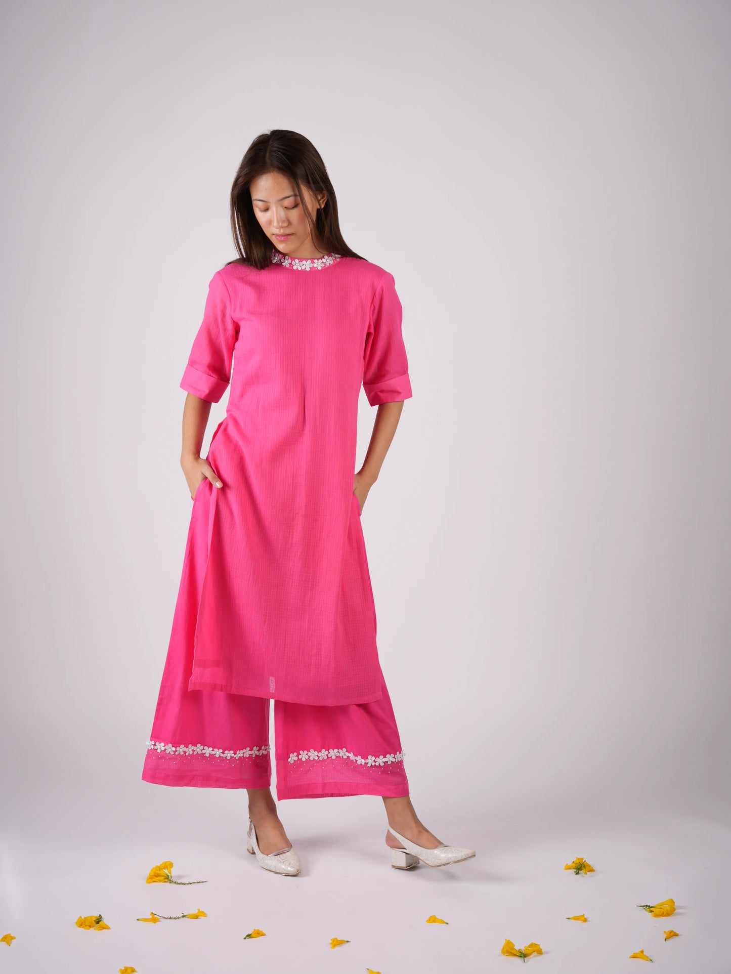 Embroidered Punch Pink kurta-pant with Scrunchies
