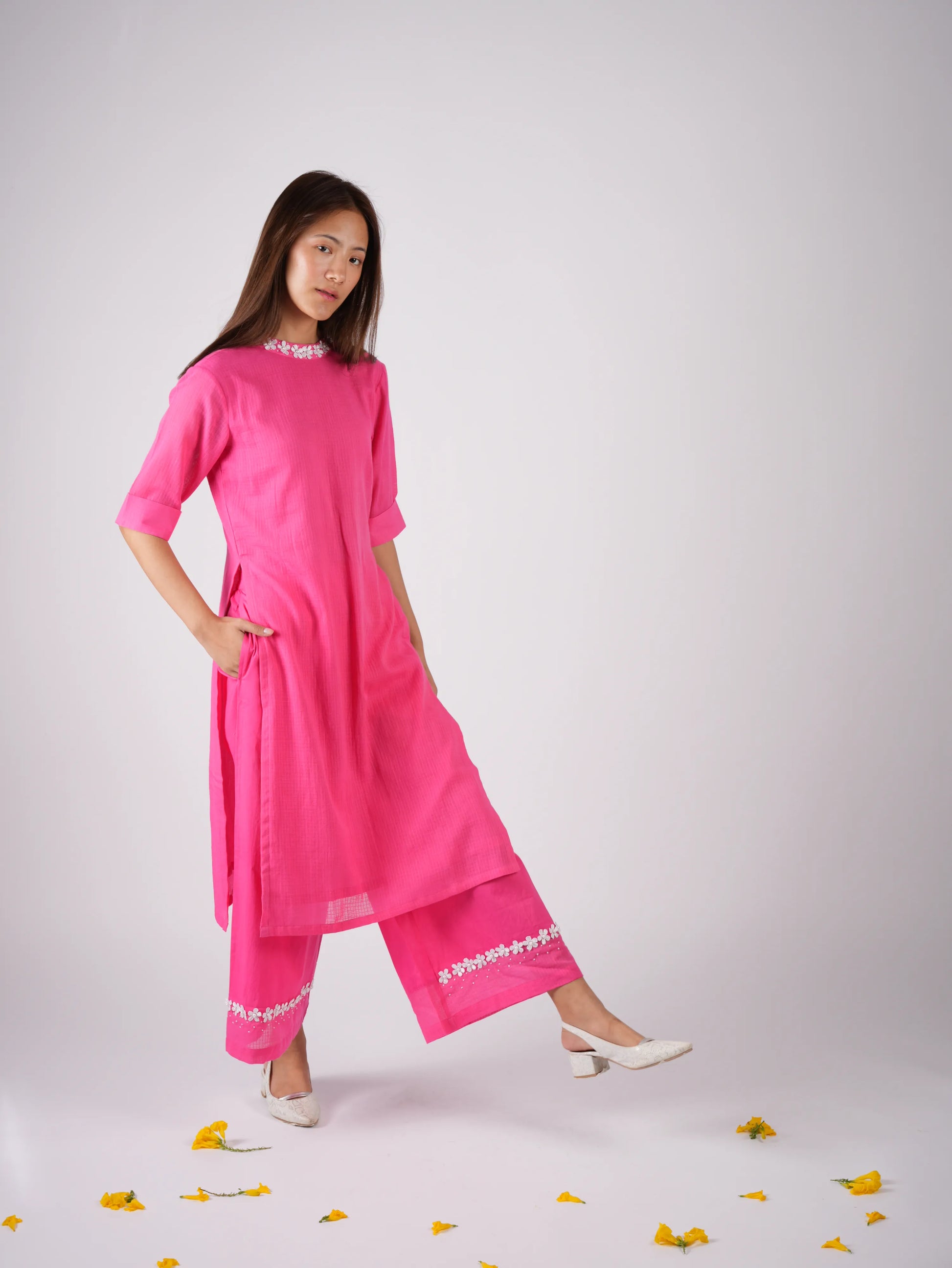 Embroidered Punch Pink kurta-pant with Scrunchies