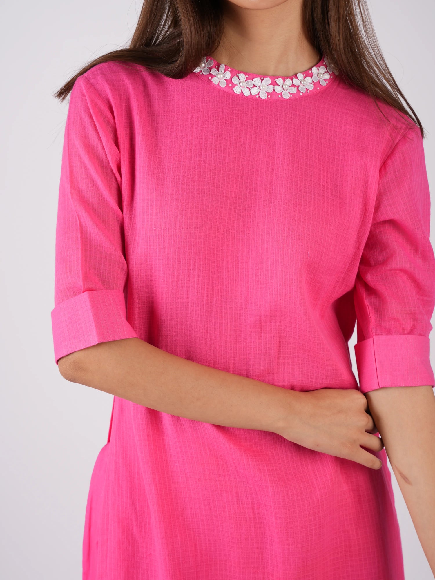 Embroidered Punch Pink kurta-pant with Scrunchies