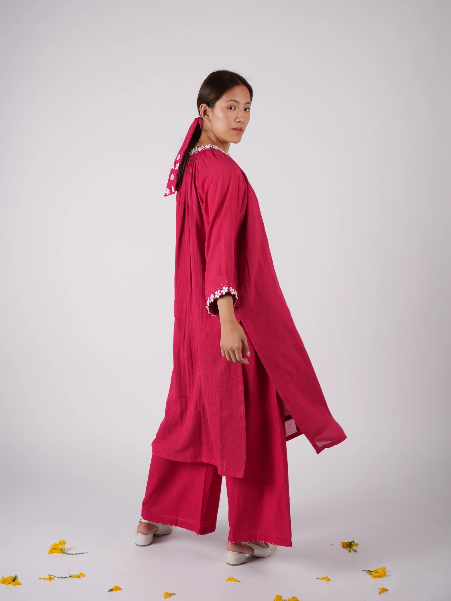 Embroidered Red kurta Palazzo with Scrunchies