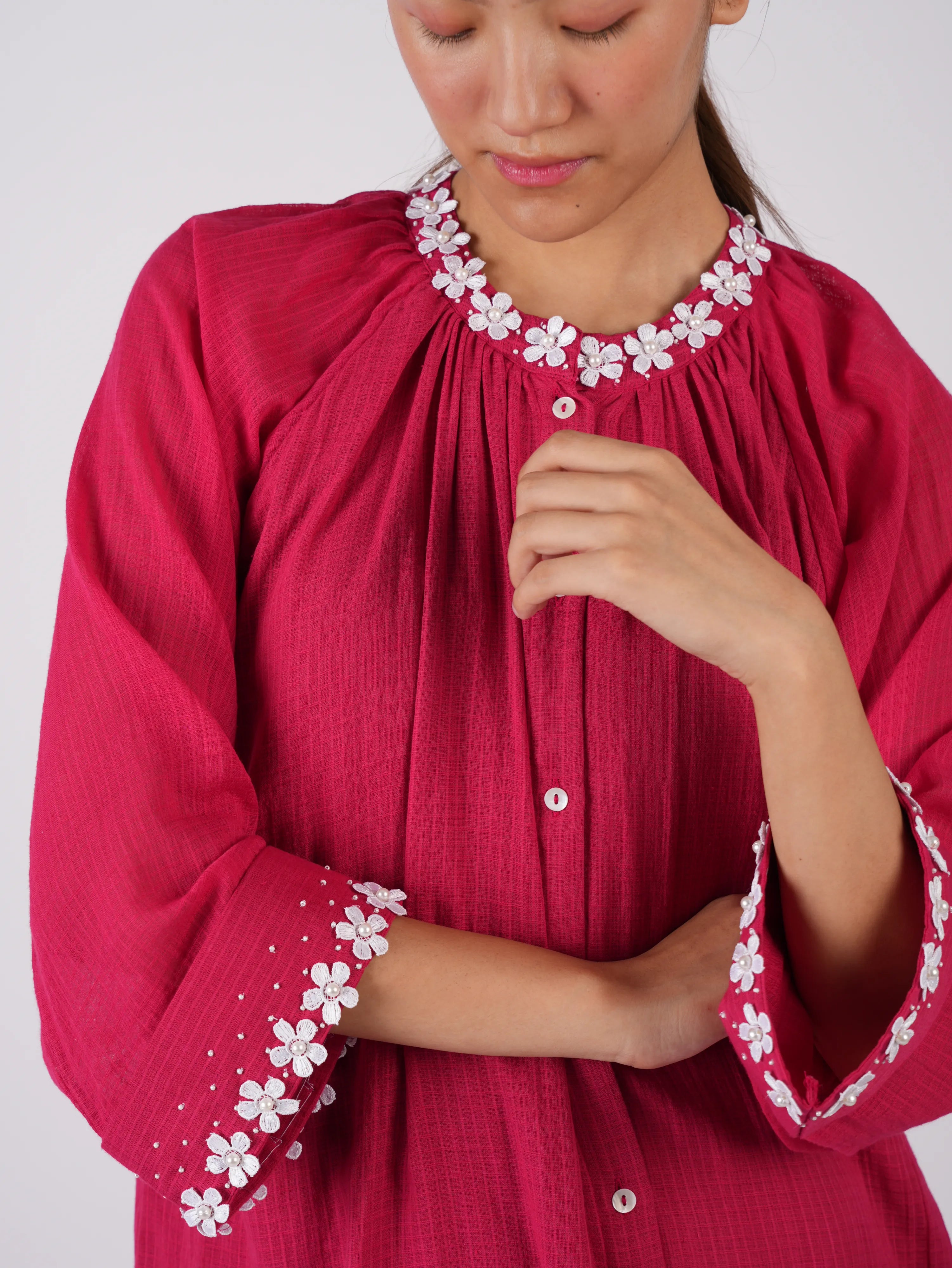 Embroidered Red kurta Palazzo with Scrunchies