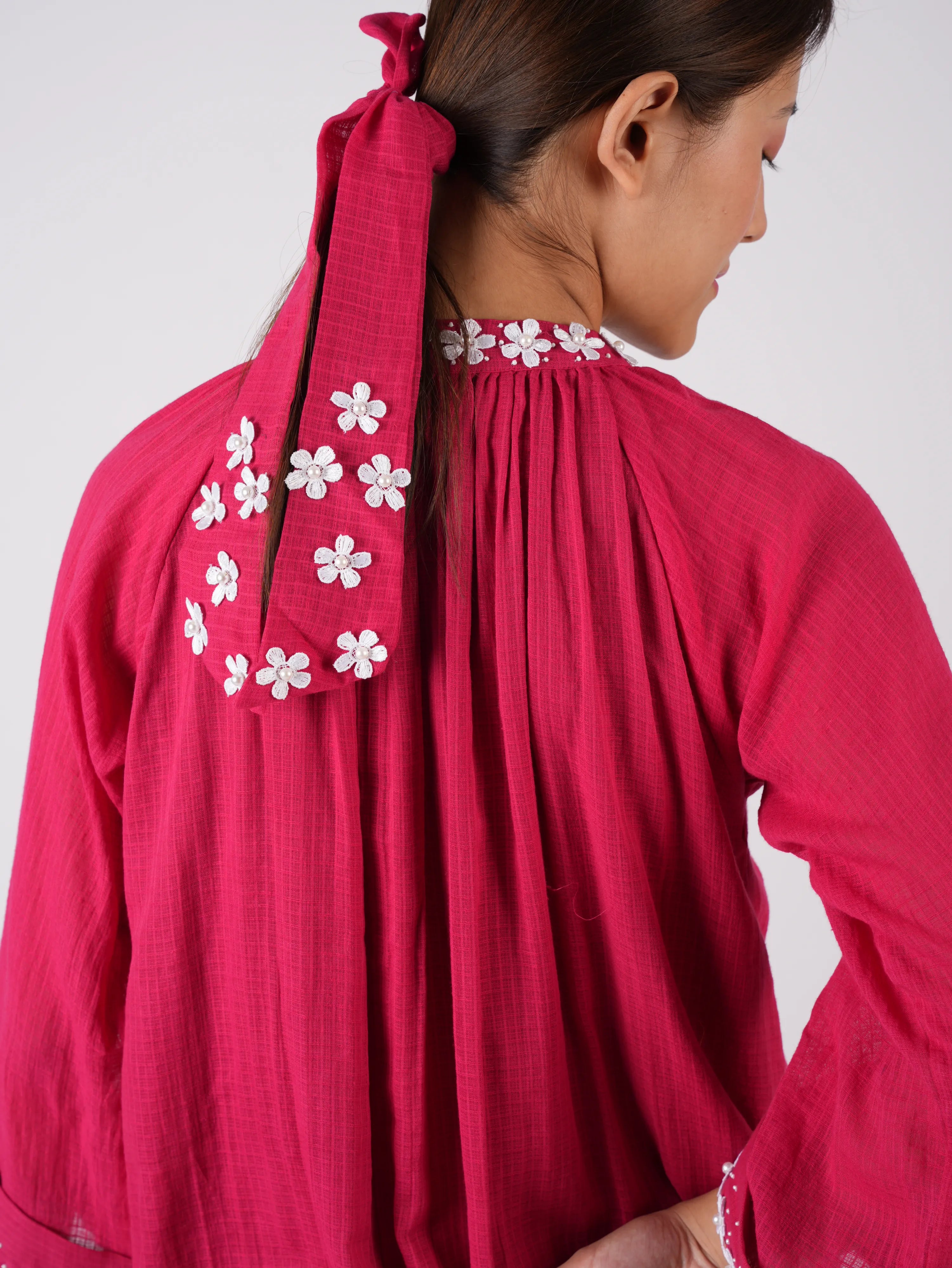 Embroidered Red kurta Palazzo with Scrunchies