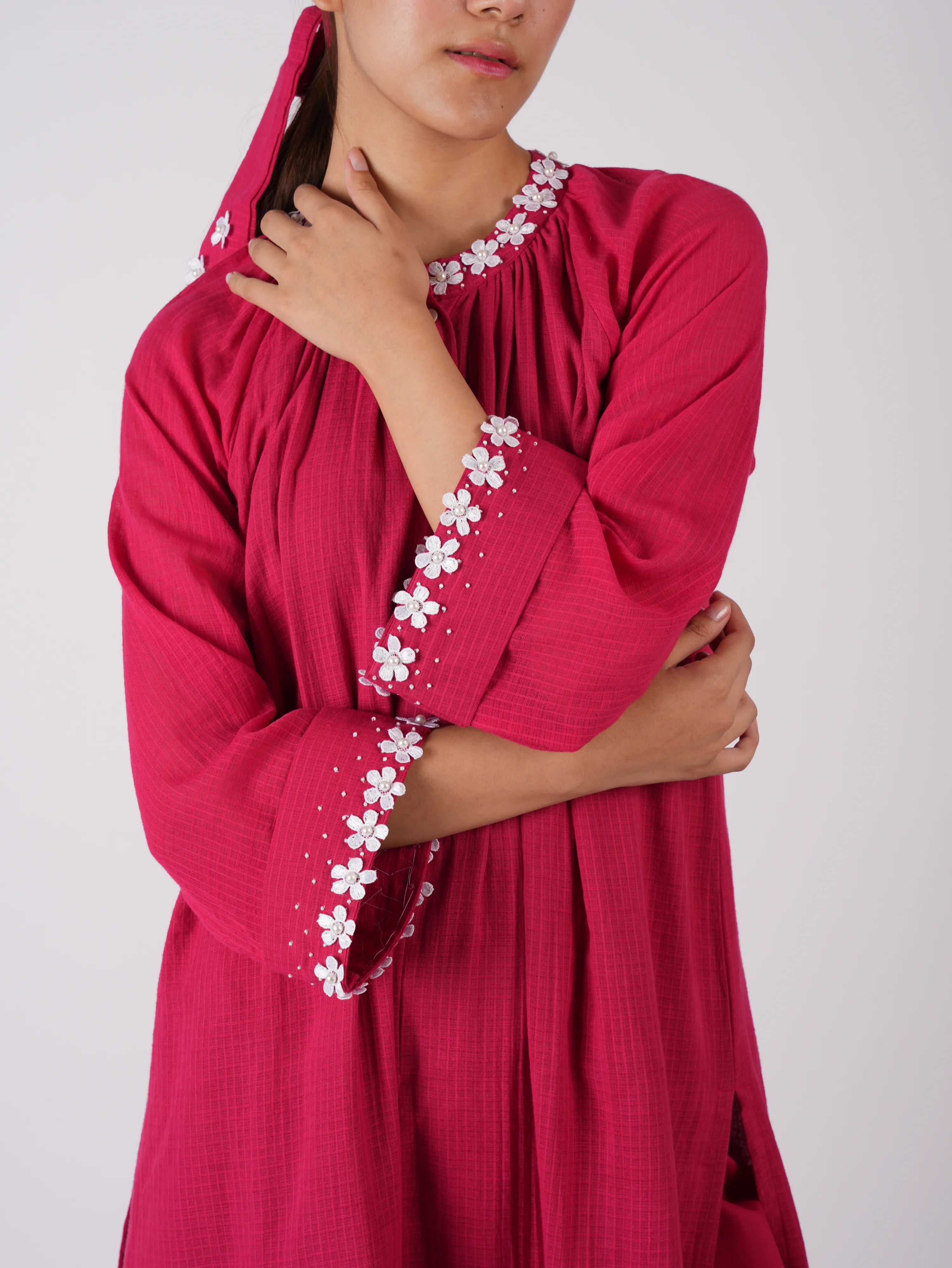 Embroidered Red kurta Palazzo with Scrunchies