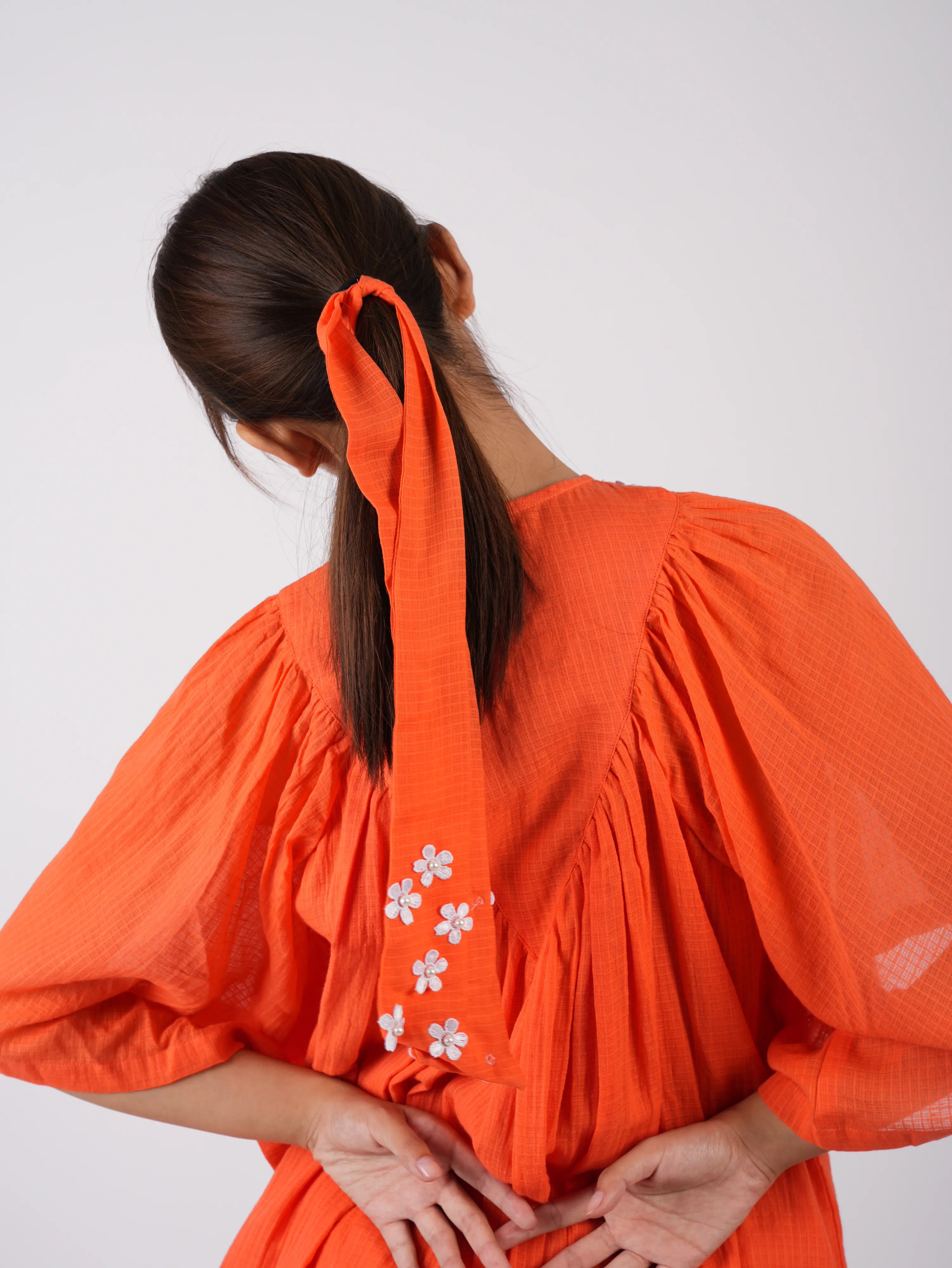 Embroidered Vivid Orange Asymmetric Top Palazzo with Scrunchies