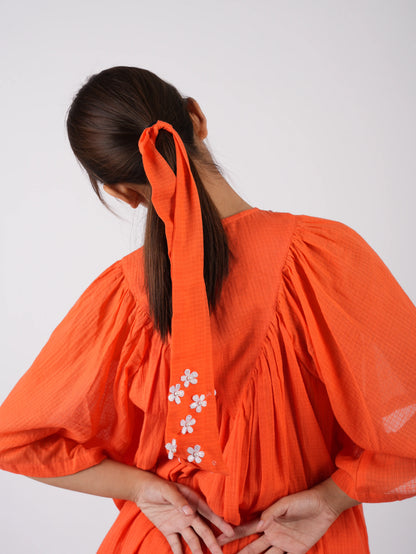 Embroidered Vivid Orange Asymmetric Top Palazzo with Scrunchies