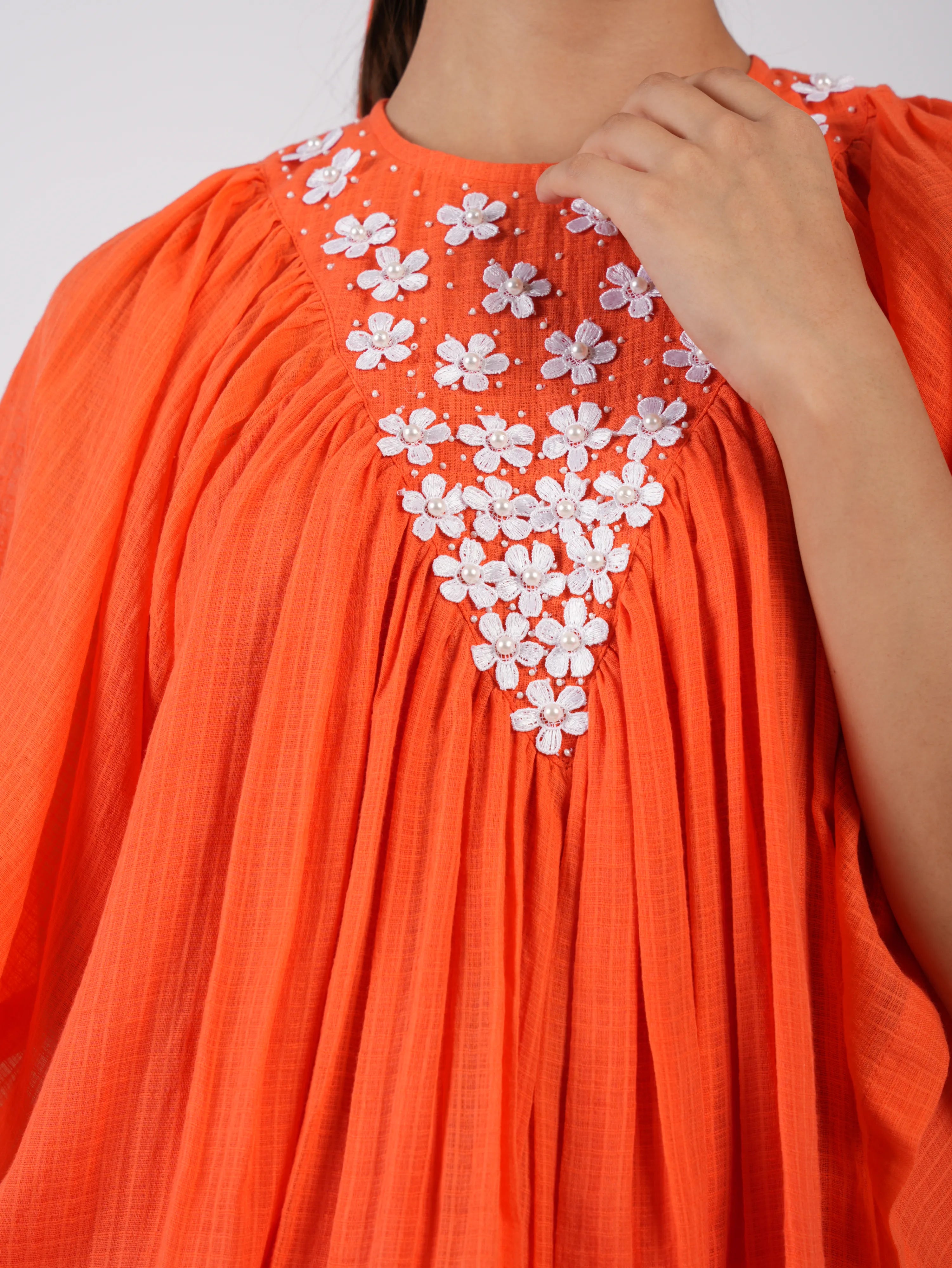 Embroidered Vivid Orange Asymmetric Top Palazzo with Scrunchies