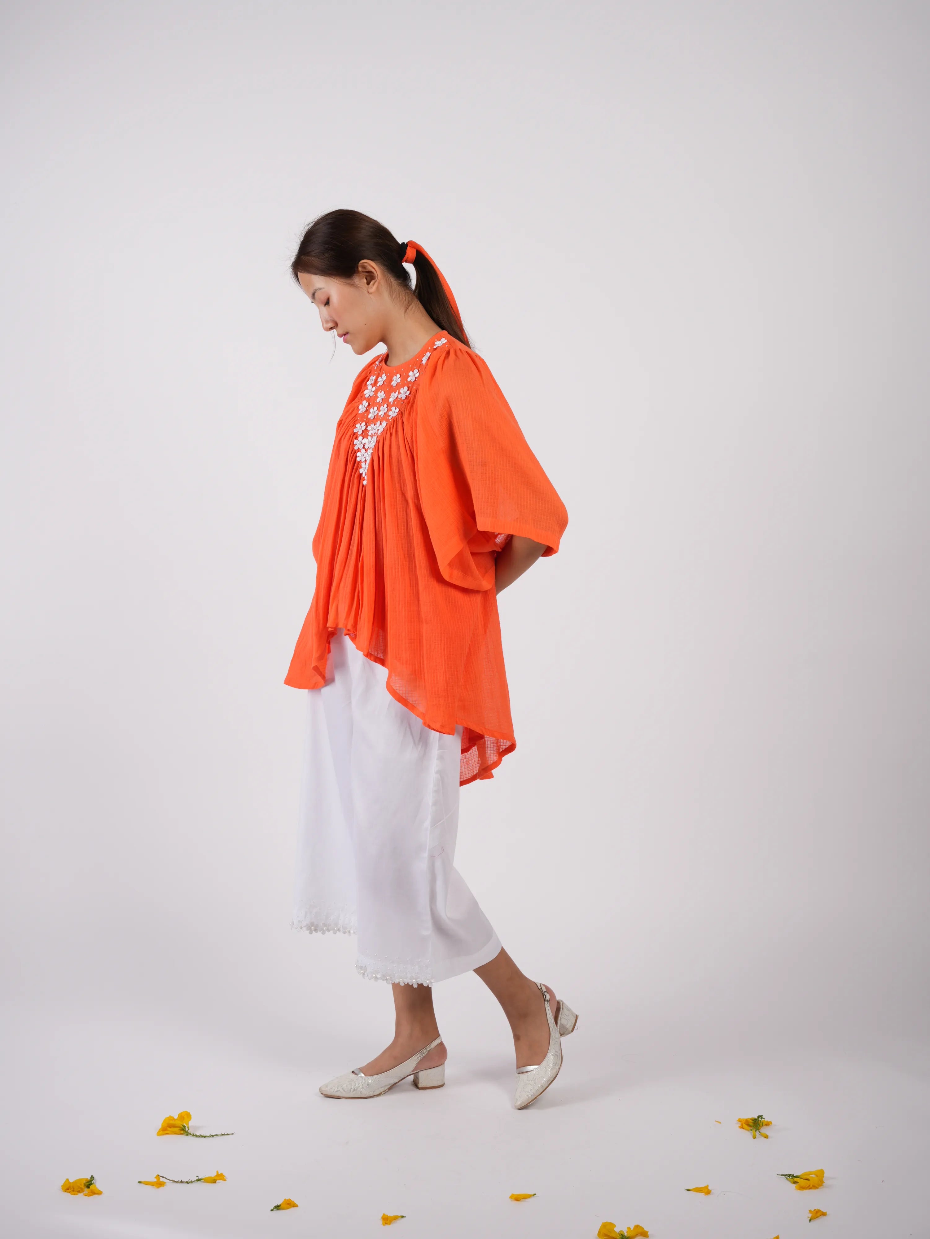 Embroidered Vivid Orange Asymmetric Top Palazzo with Scrunchies