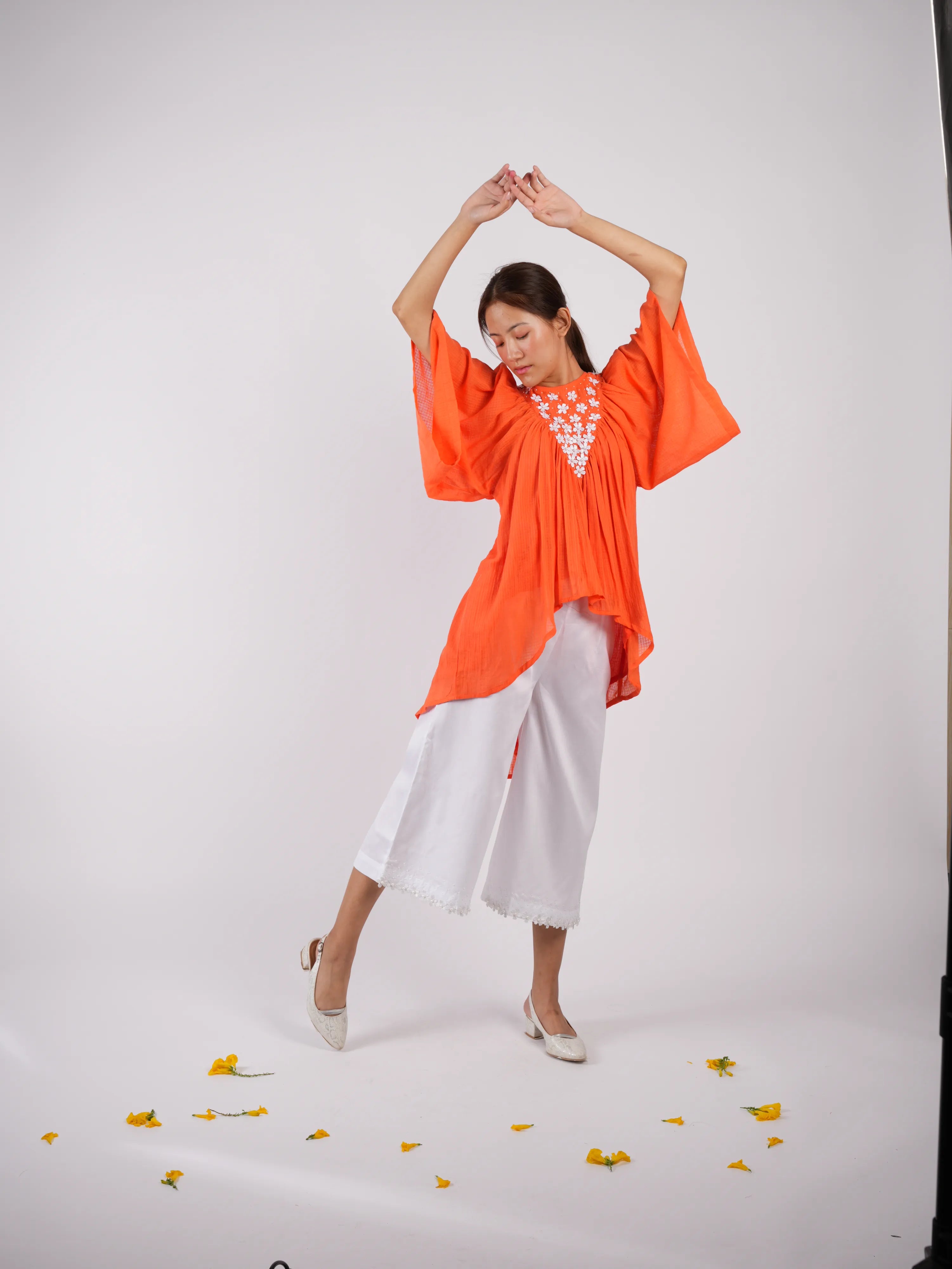 Embroidered Vivid Orange Asymmetric Top Palazzo with Scrunchies