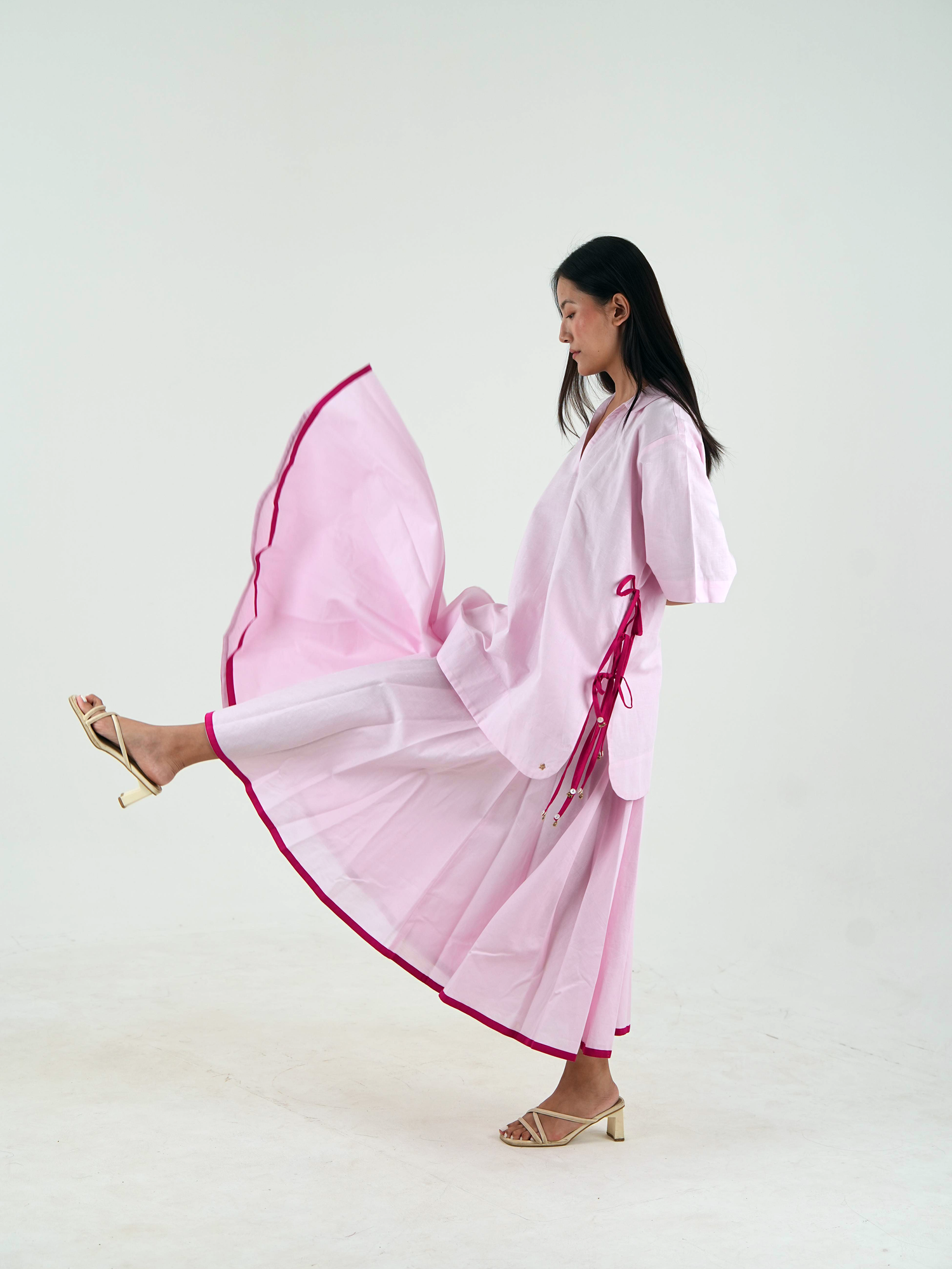 V Neck Set - Pastel Pink Linen