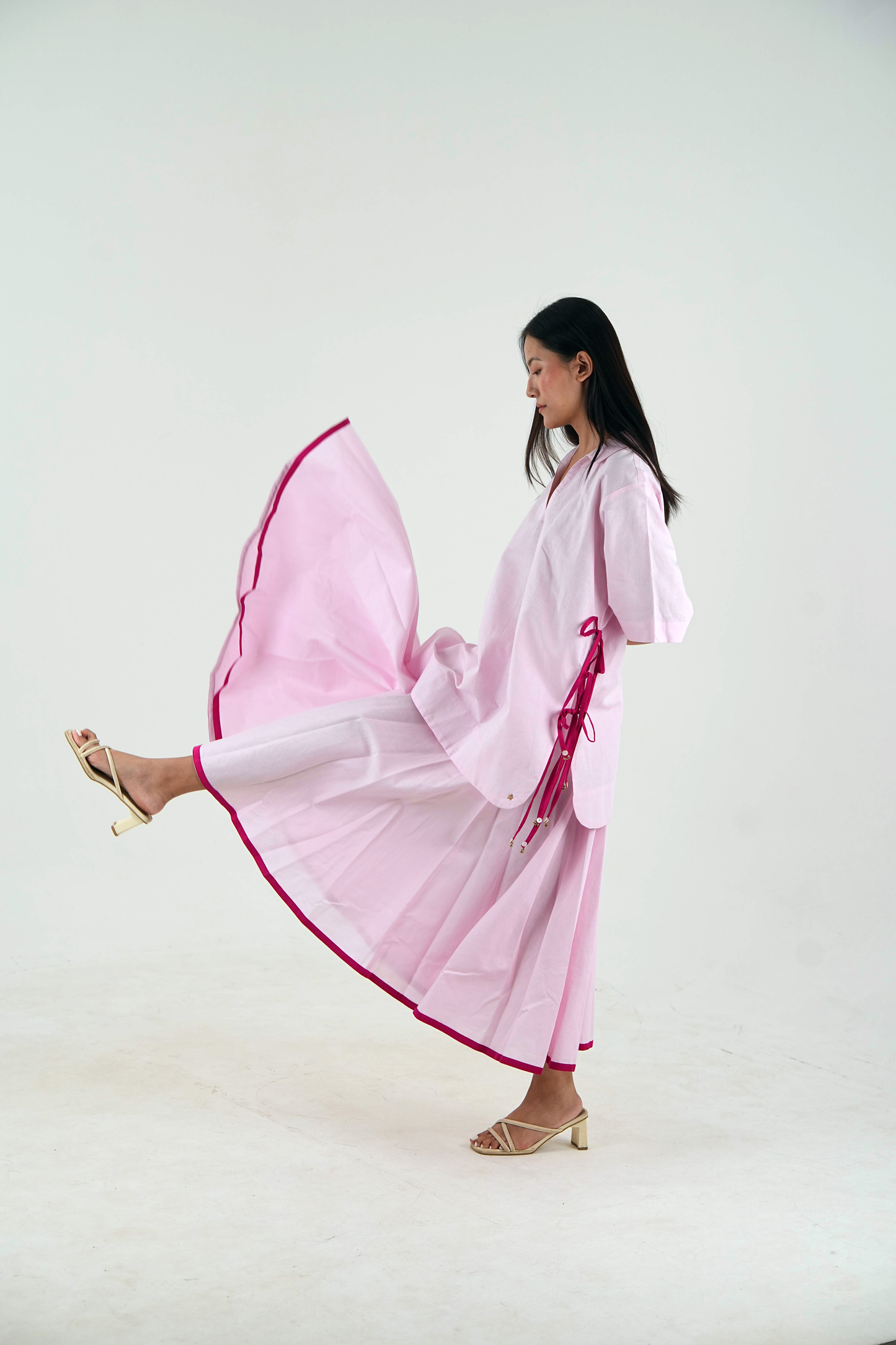 V Neck Set - Pastel Pink Linen