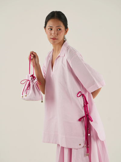 V Neck Set - Pastel Pink Linen