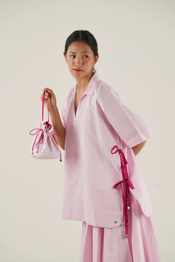 V Neck Set - Pastel Pink Linen
