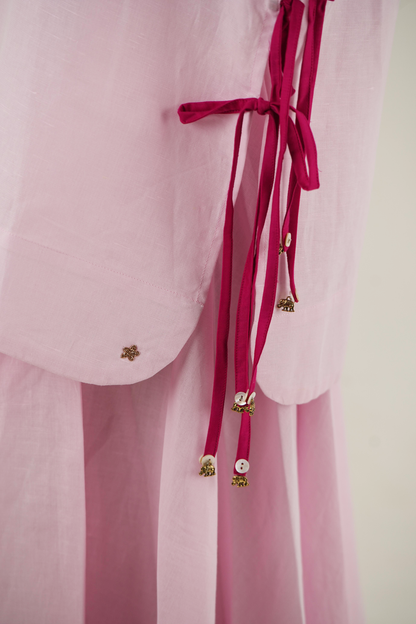 V Neck Set - Pastel Pink Linen