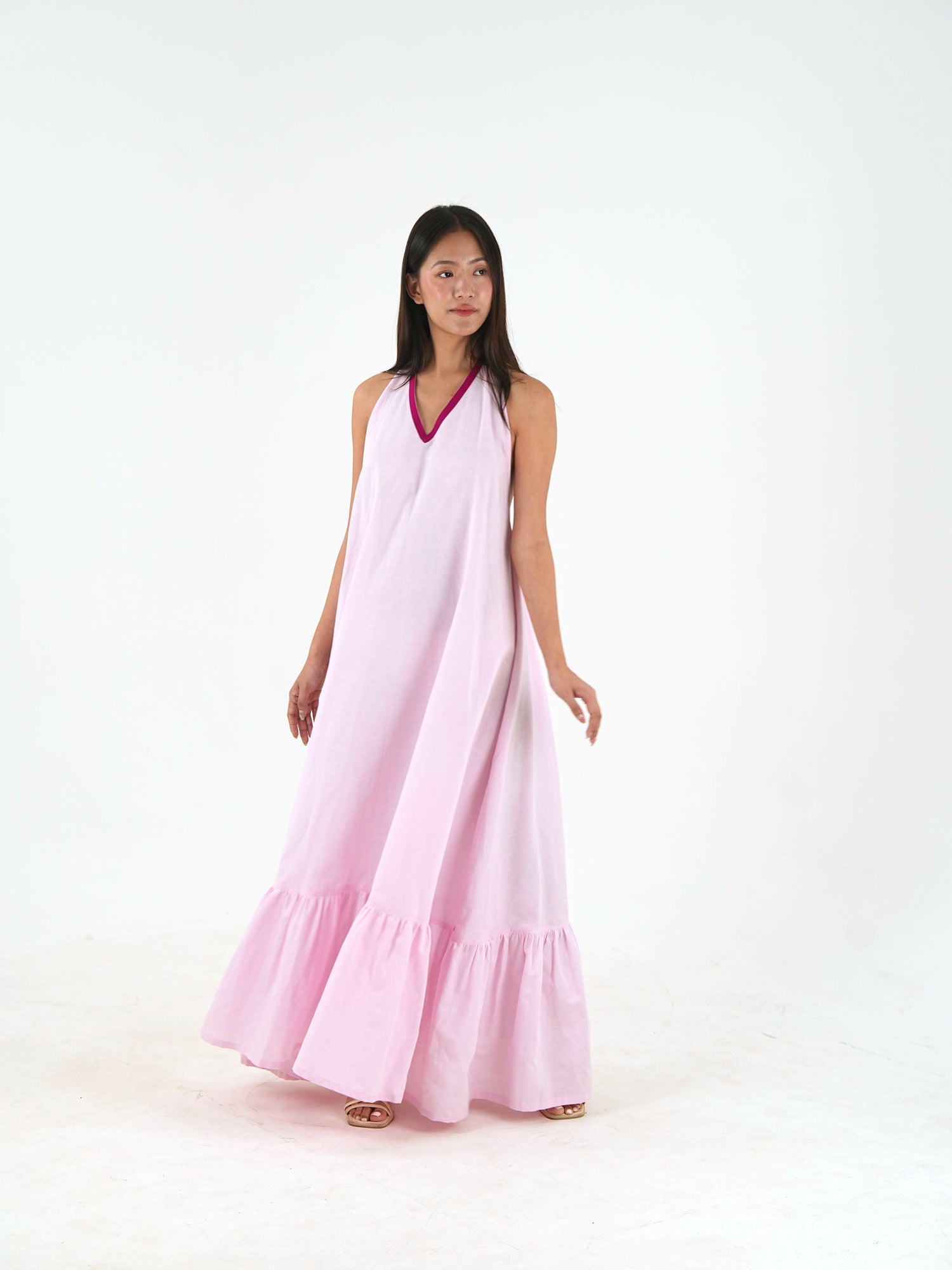 Sleeveless Halter Dress - Pastel Pink Linen