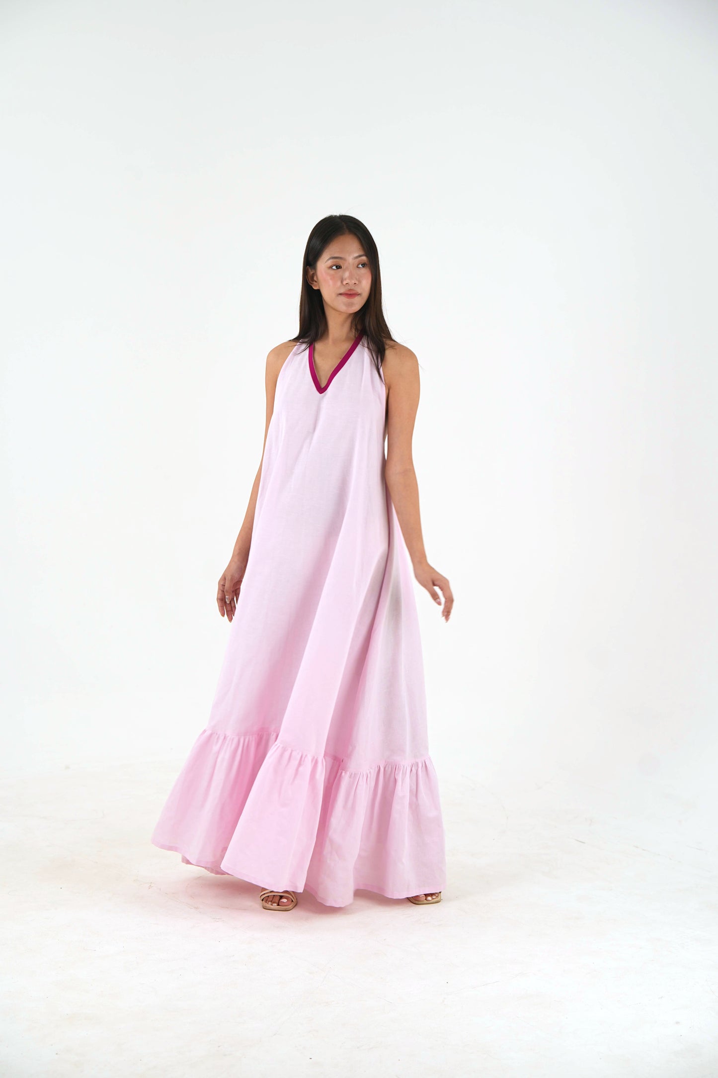 Sleeveless Halter Dress - Pastel Pink Linen