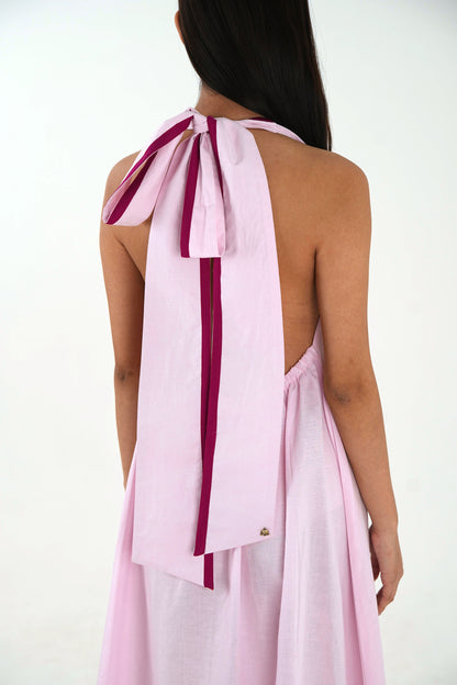 Sleeveless Halter Dress - Pastel Pink Linen