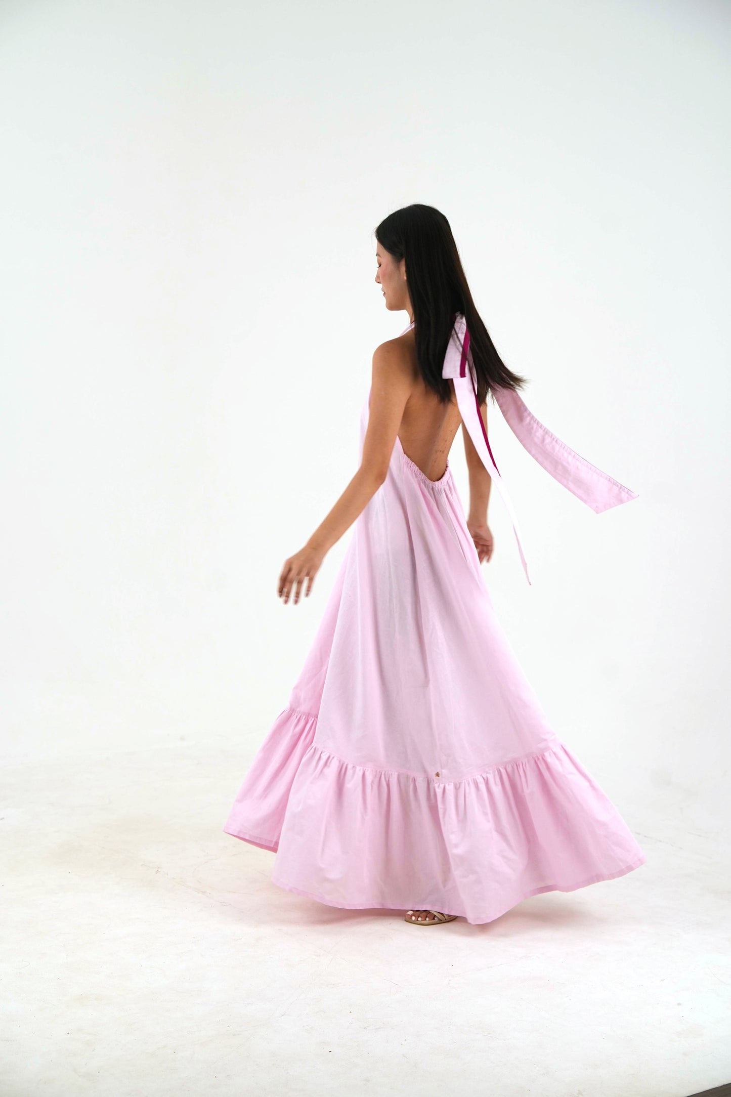 Sleeveless Halter Dress - Pastel Pink Linen