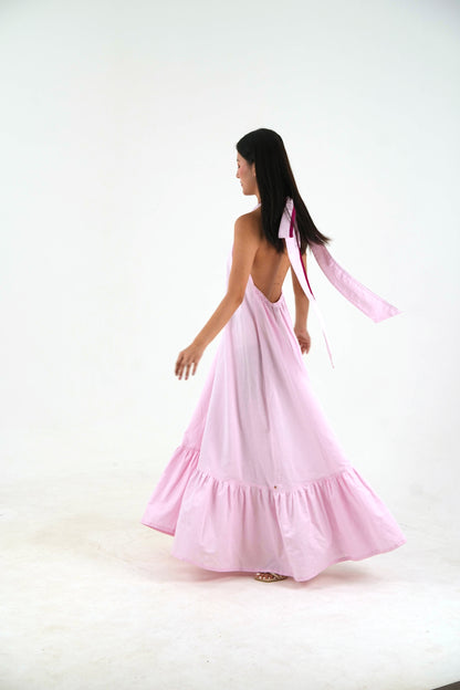 Sleeveless Halter Dress - Pastel Pink Linen