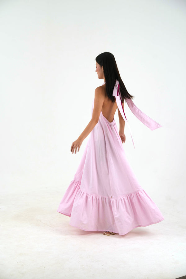 Sleeveless Halter Dress - Pastel Pink Linen