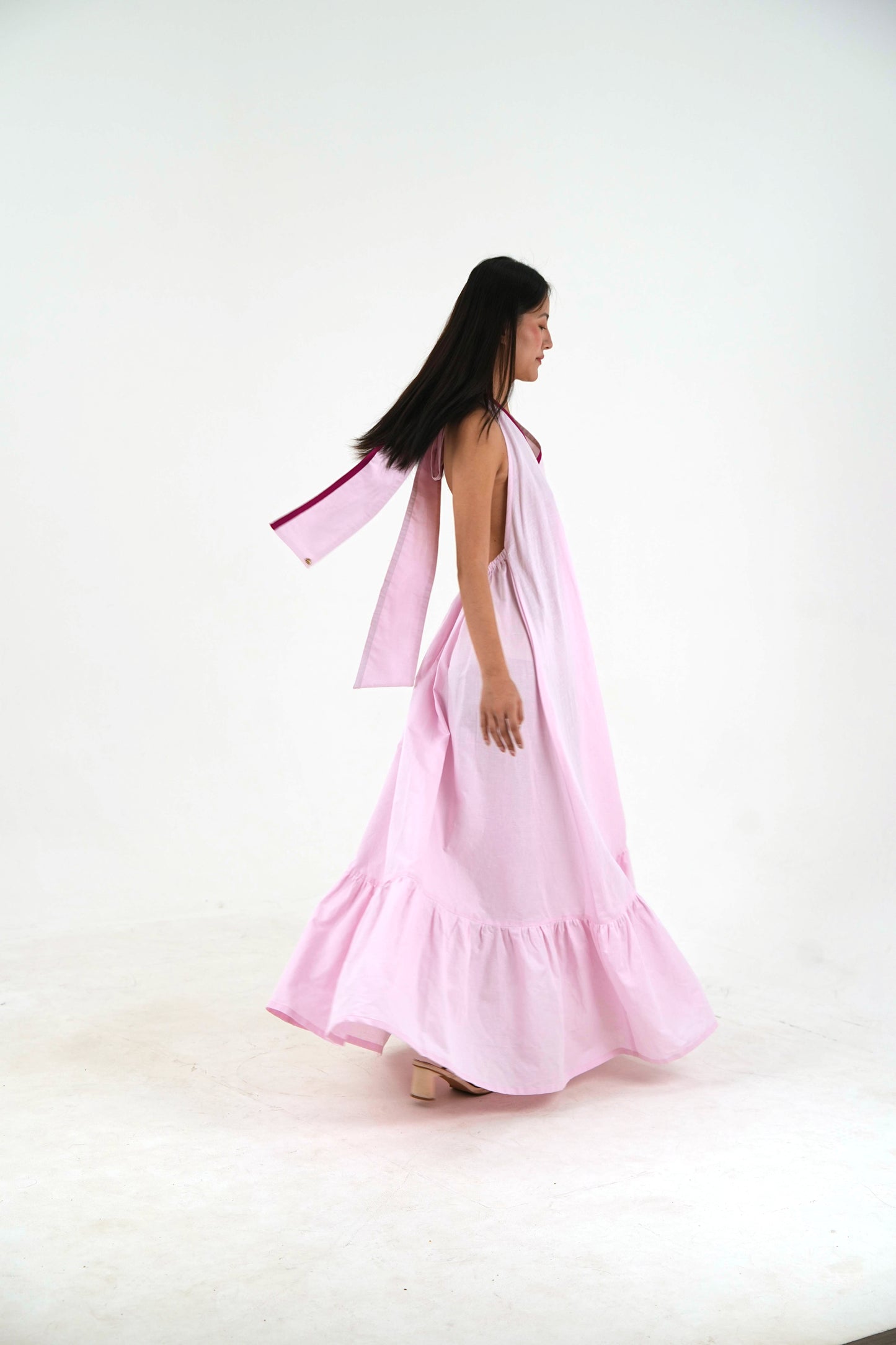 Sleeveless Halter Dress - Pastel Pink Linen