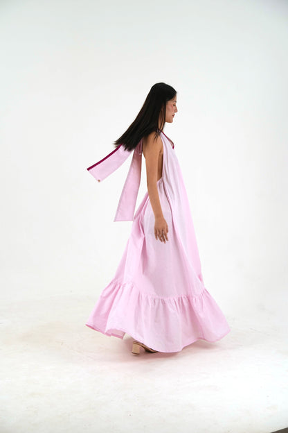 Sleeveless Halter Dress - Pastel Pink Linen