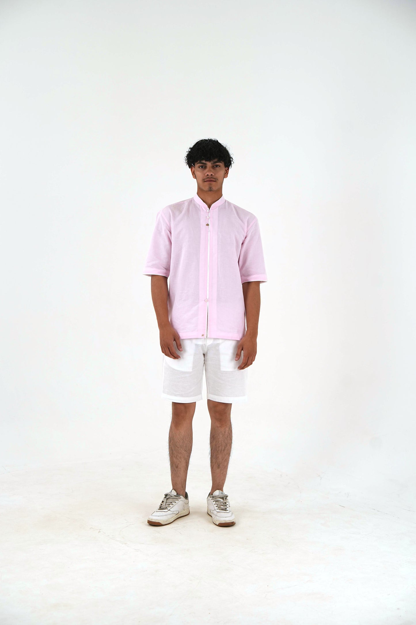 Half-Sleeve Short Kurta with Mandarin Collar - Blush Pink