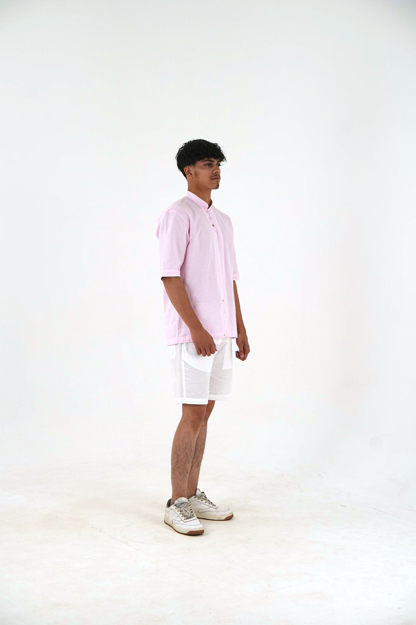 Half-Sleeve Short Kurta with Mandarin Collar - Blush Pink