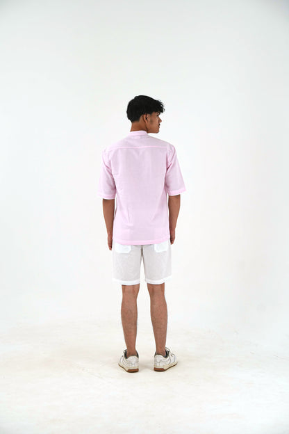 Half-Sleeve Short Kurta with Mandarin Collar - Blush Pink