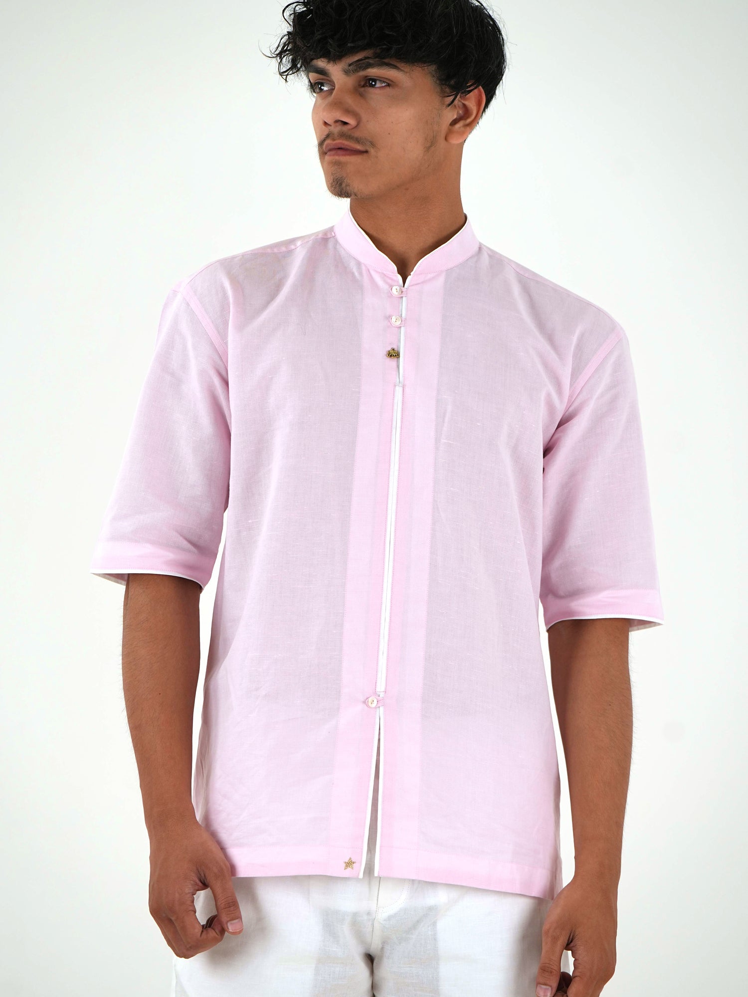 Half-Sleeve Short Kurta with Mandarin Collar - Blush Pink