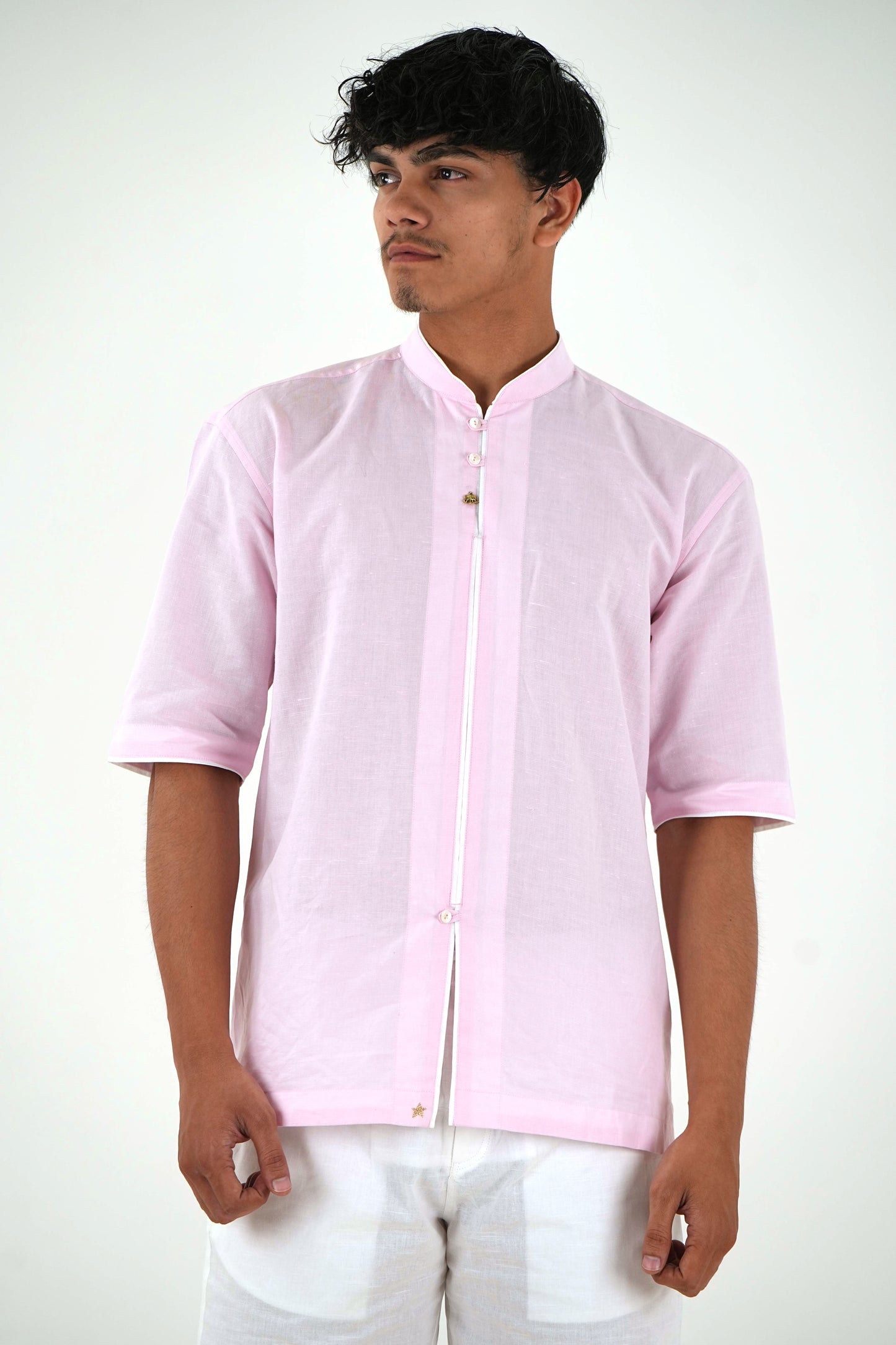 Half-Sleeve Short Kurta with Mandarin Collar - Blush Pink