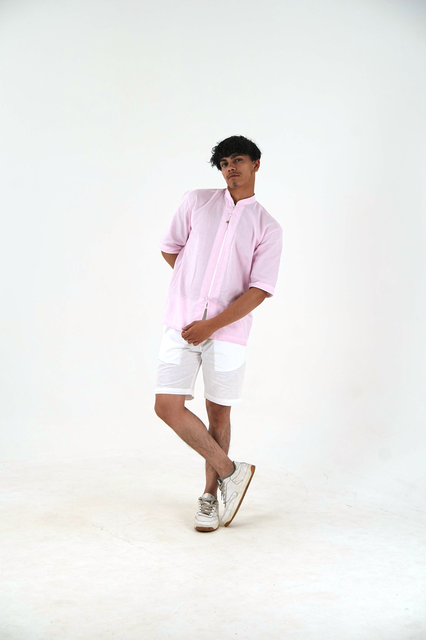 Half-Sleeve Short Kurta with Mandarin Collar - Blush Pink