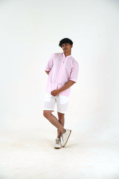 Half-Sleeve Short Kurta with Mandarin Collar - Blush Pink