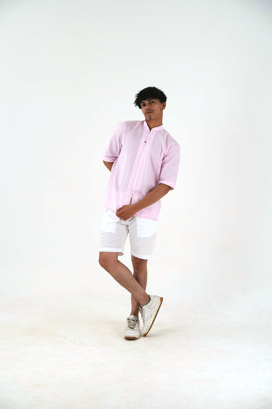 Mandarin Collar Kurta Shorts Set - Blush Pink