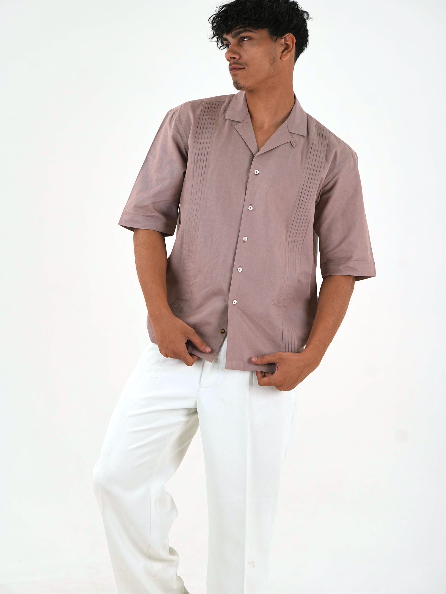 Pintuck Front Oversized Casual Shirt - Dusty Pink