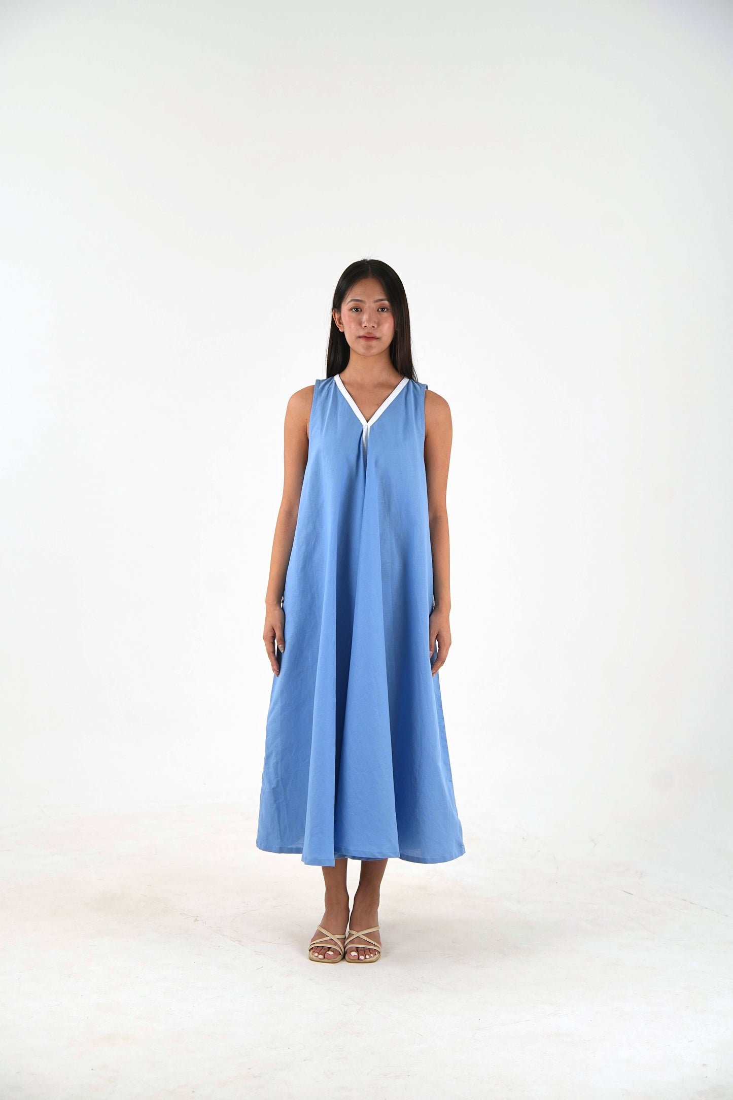 Sleeveless Flared Dress - Pastel Blue Linen