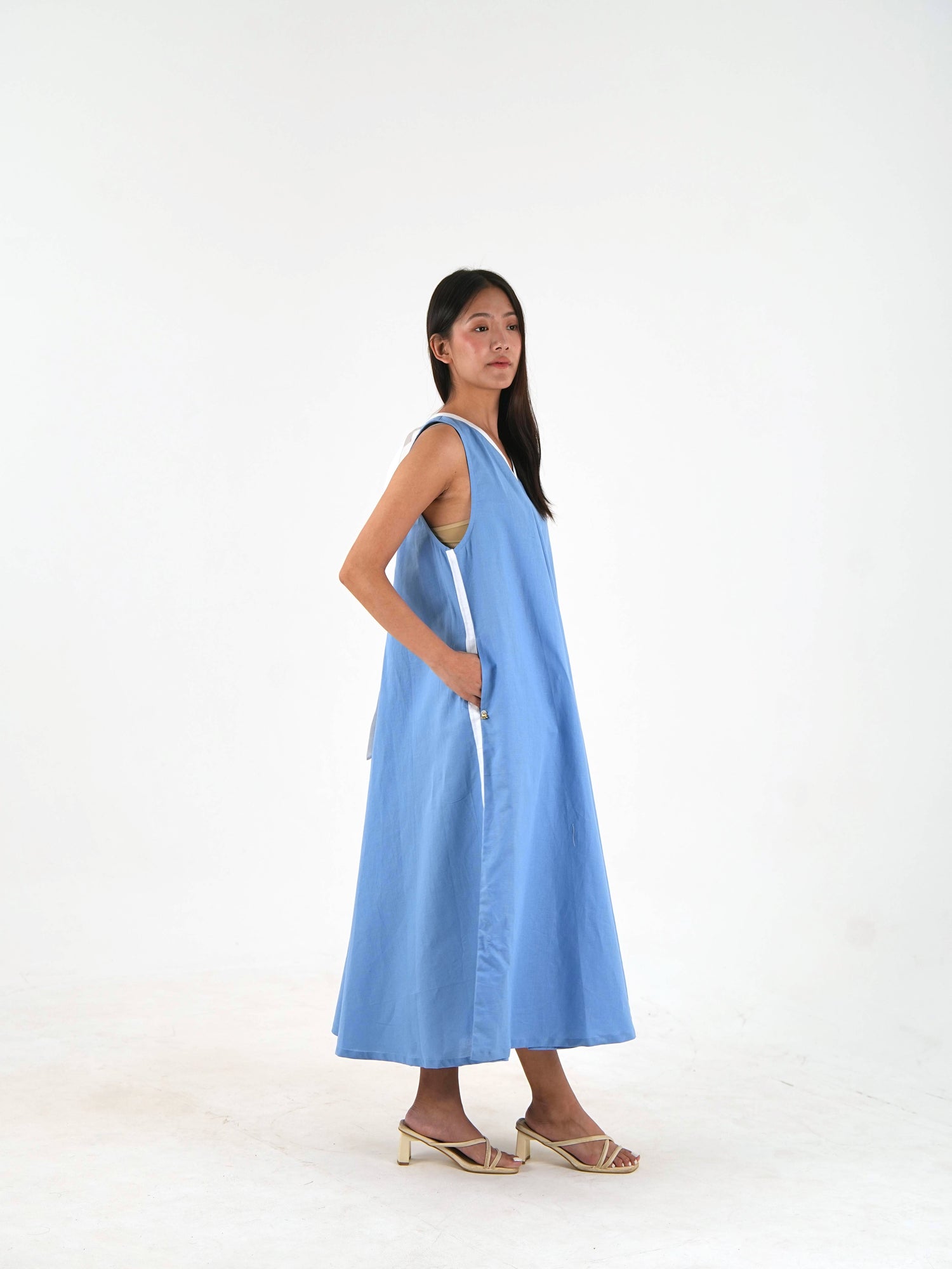 Sleeveless Flared Dress - Pastel Blue Linen