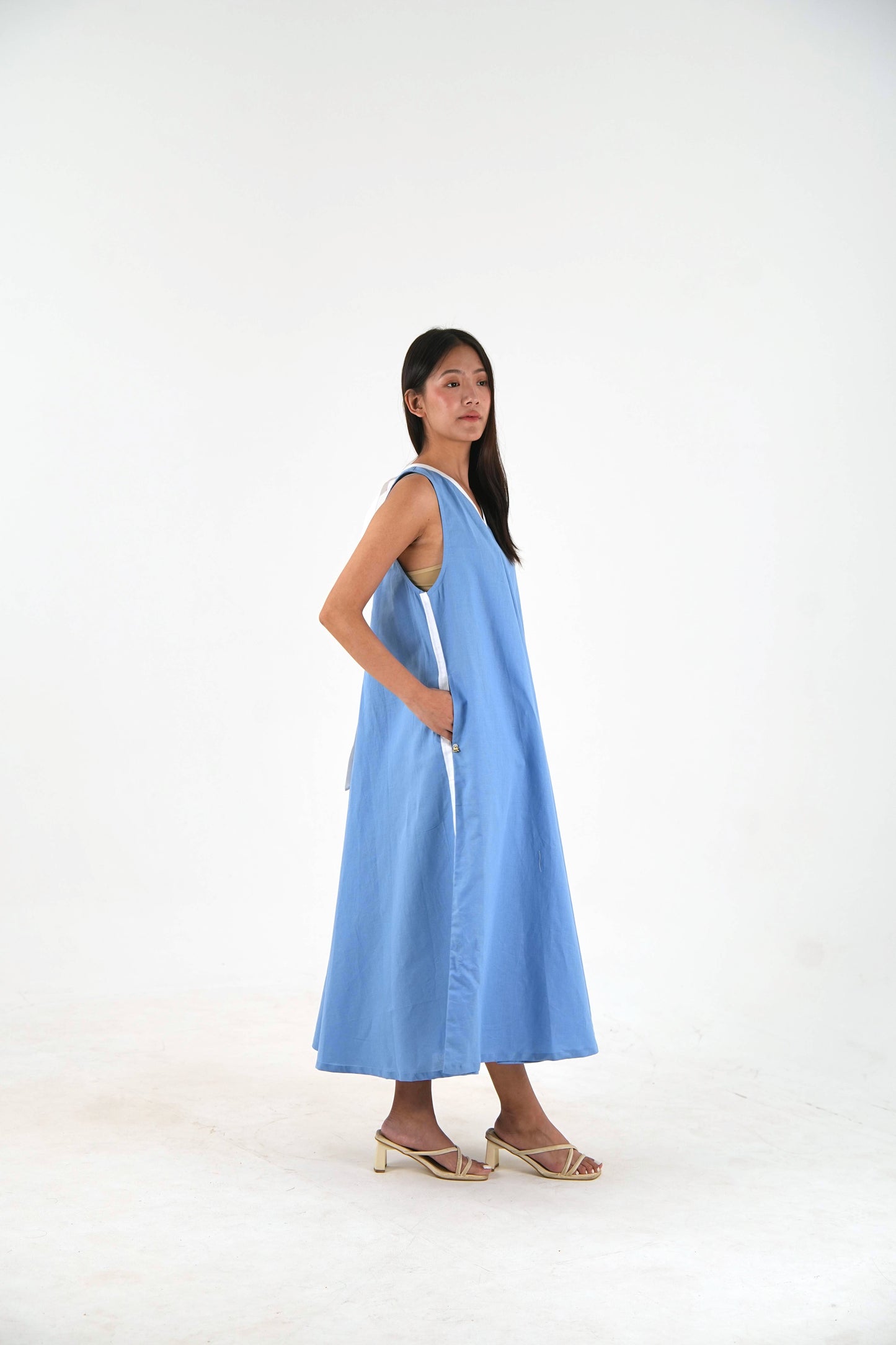 Sleeveless Flared Dress - Pastel Blue Linen
