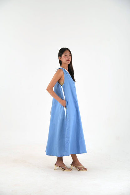 Sleeveless Flared Dress - Pastel Blue Linen