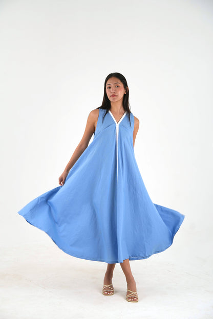 Sleeveless Flared Dress - Pastel Blue Linen