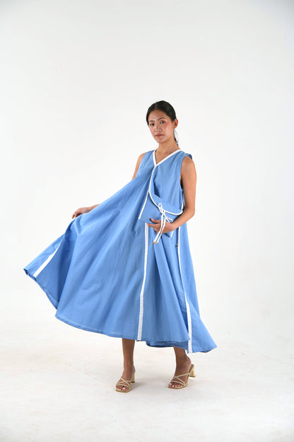 Sleeveless Flared Dress - Pastel Blue Linen