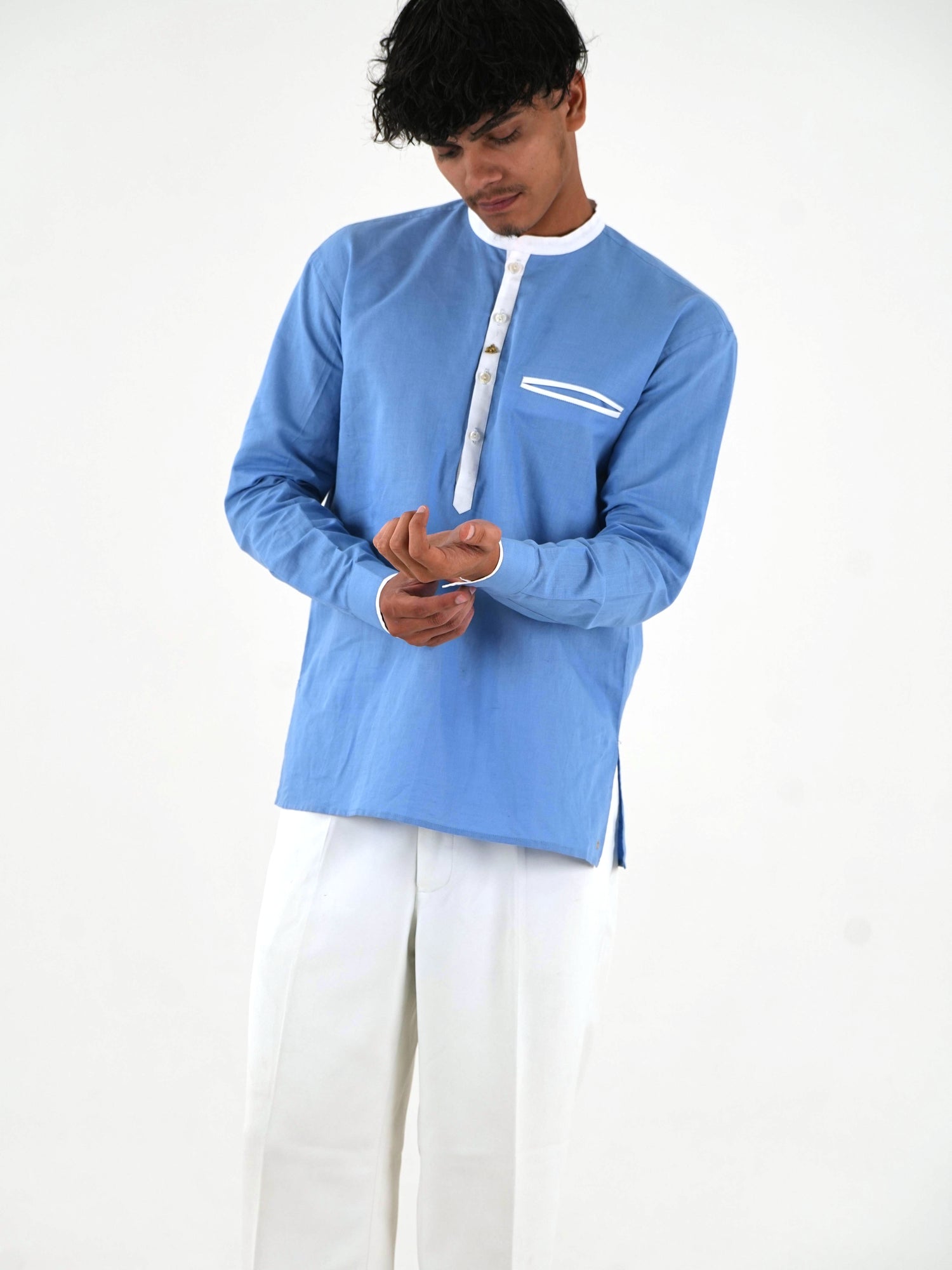 Linen Short Kurta - Sky Blue